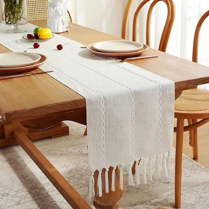 Wracra Rustic Linen Table Runner, Ivory Table Runners 90 inches Long | Raised - Image 6