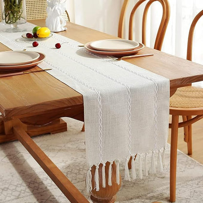 Wracra Rustic Linen Table Runner, Ivory Table Runners 108 inches Long | Raised - Image 6