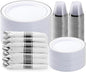 BESTVIP 350PCS Silver Plastic Dinnerware Set, Disposable Party Plates for 50 Guests, Include: 100 Plastic Plates, 50 Pre Rolled Napkins with Silver Silverware, 50 Cups