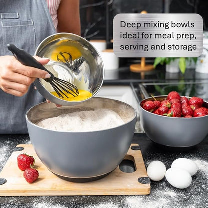 WHYSKO® Stainless Steel Mixing Bowls (Set of 3) with Non-Slip Silicone Base for Kitchen, Dishwasher Safe Bowls for Meal Prep, Cooking, Baking, Serving, Food Storage (Grey)