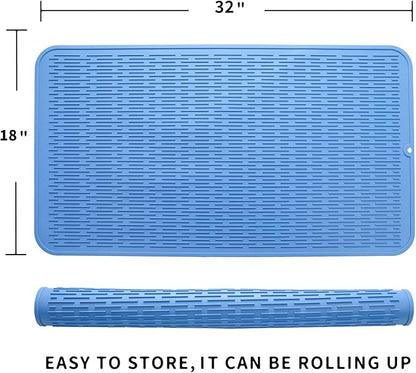 Silicone Dish Drying Mat for Multiple Usage,Easy clean,Eco-friendly,Heat-resistant Silicone Mat for Kitchen Counter or Sink,Refrigerator or Drawer Liner Lichen BlueL 4XL 32 inches x 18 inches