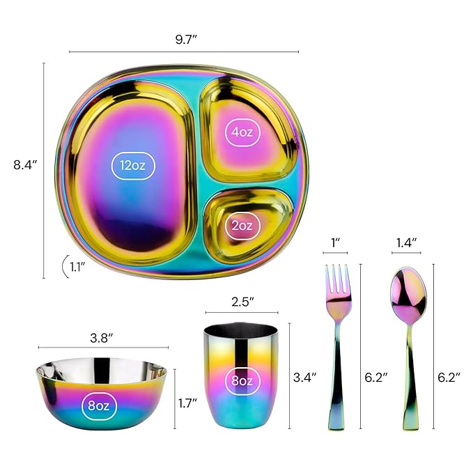 Ahimsa Stainless Steel Kids Dinnerware Set, Pediatrician Designed, 5 Piece Toddler Plates and Bowls Set, Stainless Steel Divided Plate, Cup and Kids Utensils, Rainbow