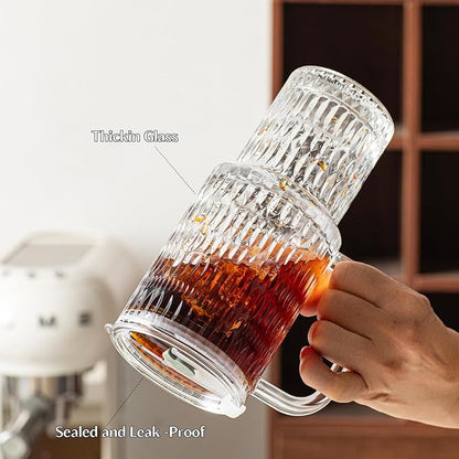 INSETLAN 26oz Raindrop Glass Tumbler with Handle and Lid, Set of 2 – Reusable Iced Coffee Cups with Lids, Clear Glass Cups with Straw for Coffee, Smoothies, Tea, Juice – Perfect for any Occasion