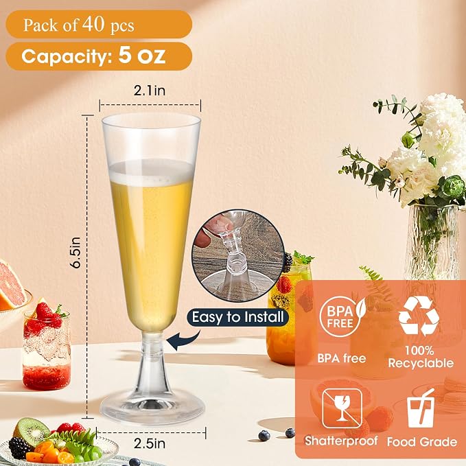 SUREHOME Plastic Champagne Flutes 40 Pack Disposable Champagne Glasses 5oz - Image 6