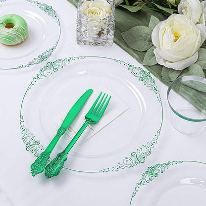 Hioasis 175pcs Clear and Green Plates - Green Party Plates for 25 Guest, Include 50 Heavy-duty Plates(20% Thicker Than Standard), 25 Pre Rolled Gold Plastic Silverware Set, 25 Cups for St. Patrick's D