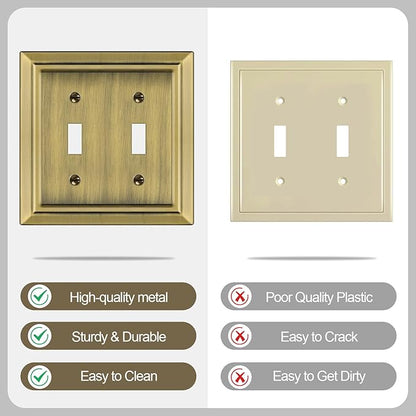 Metal Wall Plate for Electrical Outlets, Decorative Antique Brass Switch Plates Outlet Cover, Light Switch Cover Plate, 2-Gang Wall Plates (Double Toggle, 2 Pack)