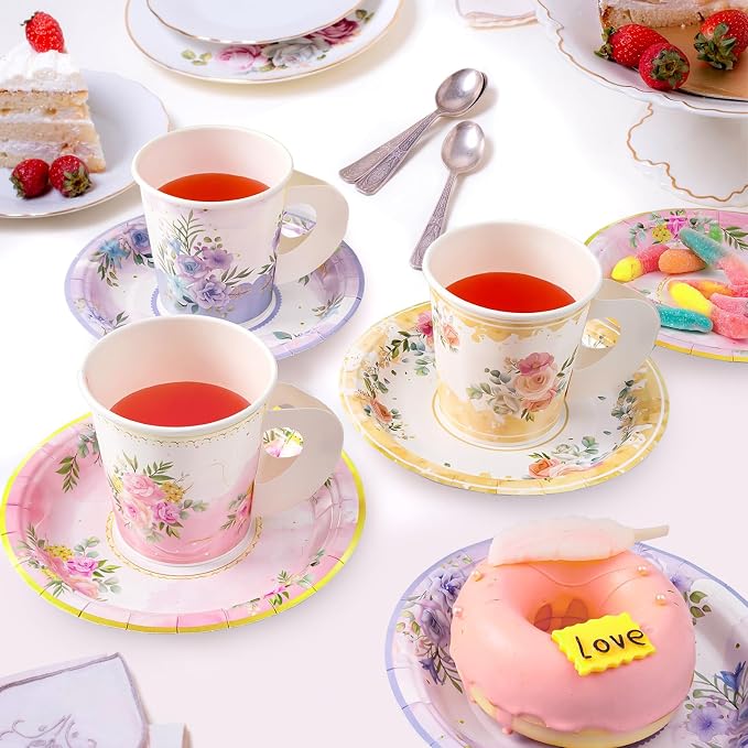 HOMIX 24 Paper Tea Cups and Plates, 7 OZ Disposable Teacups and Saucer Sets | - Image 4