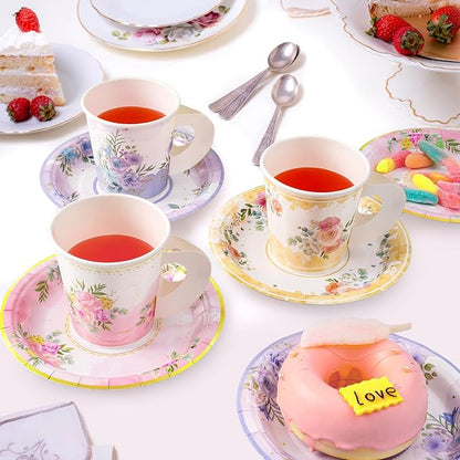 HOMIX 24 Paper Tea Cups and Plates, 7 OZ Disposable Teacups and Saucer Sets | - Image 4
