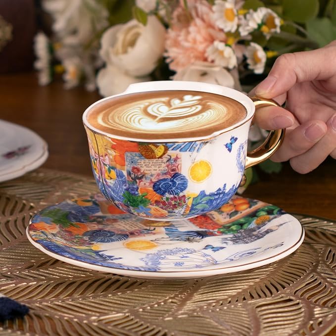 KAMMAK Tea Cups and Saucers Set of 2, Fine Bone China Coffee Cups, 584N | - Image 2