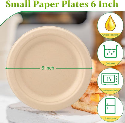 300 Pack Small Compostable Paper Plates, 6 inch, Dessert, Brown