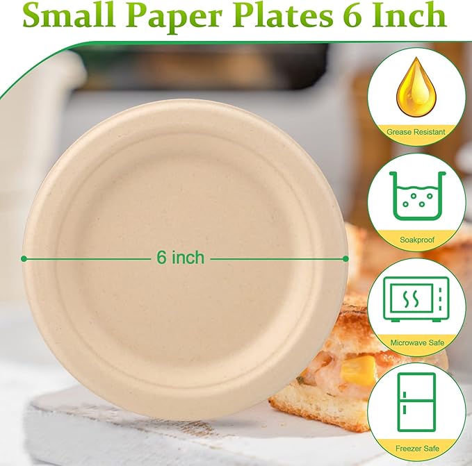 Eco Friendly Small Paper Plates - 6 Inch, 50 Pack, Compostable, Made of Sugarcane Fibers, Brown, Dessert Plates