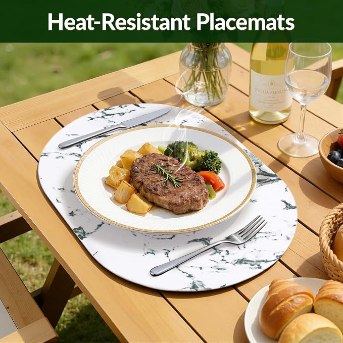 Placemats Set of 4, 11.8 x 17 Inch, Marble | Heat Resistant Oval Faux Leather - Image 4