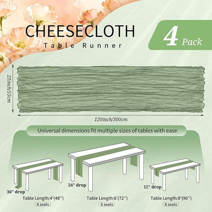 4 Pack Cheesecloth Table Runner 10FT Sage Green Table Runner Boho Gauze Cheese - Image 2