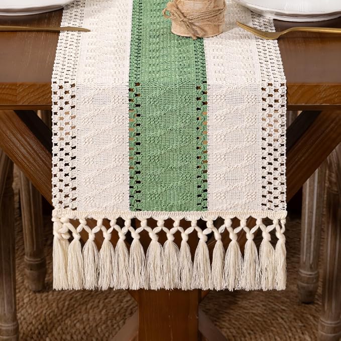 DeZerlor Ivory&Sage Green Boho Macrame Farmhouse Woven Table Runner 108In | - Image 5