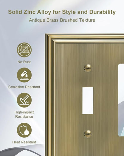 2-Pack Combo Toggle/Decorator Light Switch Cover Plate, Antique Brass Decorative Electrical Outlet Covers, Durable Solid Zinc Alloy Wall Switch Plates and Outlet Covers