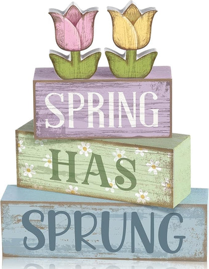 Moucuny 4 Pcs Spring Table Decorations Wooden Stacked Block Sign by Moucuny