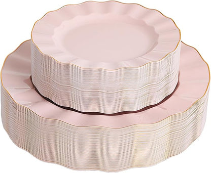 72PCS Pink Plastic Plates, Heavy Duty Disposable Party Plates with Gold Rim, 36 Dinner and 36 Dessert for Parties and Wedding