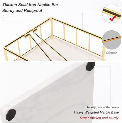 Livabber Flat Napkin Holder, Metal Kitchen Napkin Storage with Weighted Tension Arm Rustic Tissue Paper Dispenser for Countertop, Table Kitchen, Dining Room (With Marble Base, Gold)