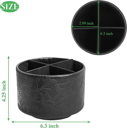 Hennaja Round Leather Art Supply Organizer,Remote Control Holder,360 Degree Spinning,Multi-Functional Pencil Holder,4 Compartments Desktop Stationary Organizer(1-Carved Black)