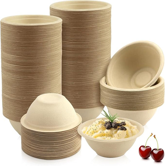 LeonBach 100 Pack 6oz Natural Bagasse Fiber Bowls, Small Disposable Paper Bowls Microwavable Safe Sample Snack Cups Charcuterie Serving Cups for Sauce Portion Condiment Ice Cream Desserts