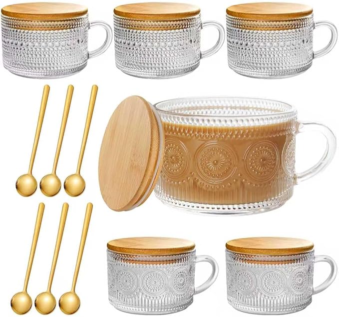 6 PACK Vintage Glass Coffee Mugs 14oz Clear Embossed Tea Cup Set by ZHENGYAOYANG