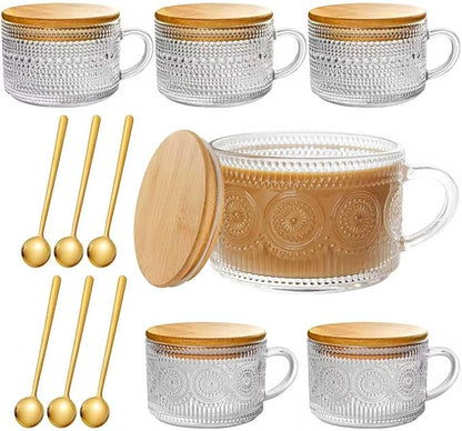 6 PACK Vintage Glass Coffee Mugs 14oz Clear Embossed Tea Cup Set by ZHENGYAOYANG