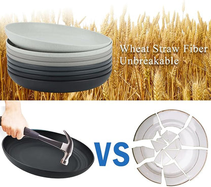 Wheat Straw Plates 10 Inch Dinner Plates Set of 8, Lightweight and Unbreakable Plastic Plates Reusable, Microwave & Dishwasher Safe Kids Plates (Black, Grey)
