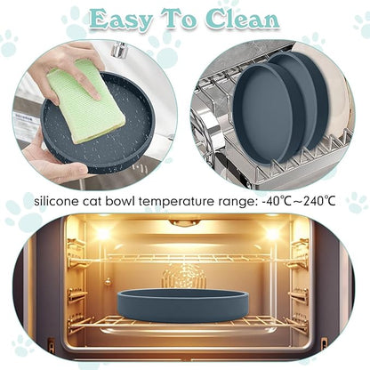 Silicone Dog Bowl Shallow Cat Food Bowls 7in Flat Puppy Plates Cute Whisker Fatigue Pet Feeding Dishes Set of 2 for Dry and Wet Food Indoor (Round Dark Grey)