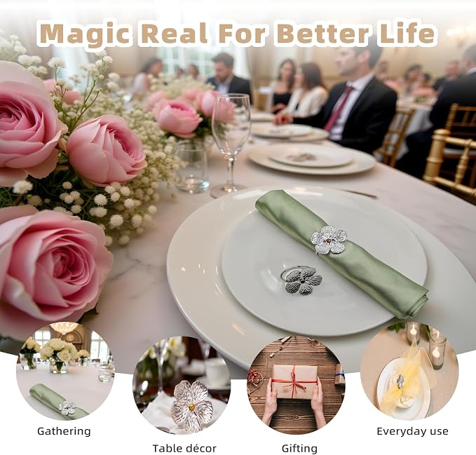 Flower Silver Napkin Rings Set of 50, Shiny Floral Napkin Ring Metal Holder | - Image 5