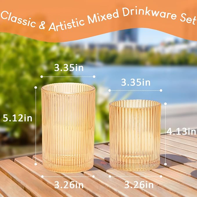 14 oz & 18 oz Ribbed Drinking Glasses Set of 12, Vintage Iced Coffee Cups - Image 6
