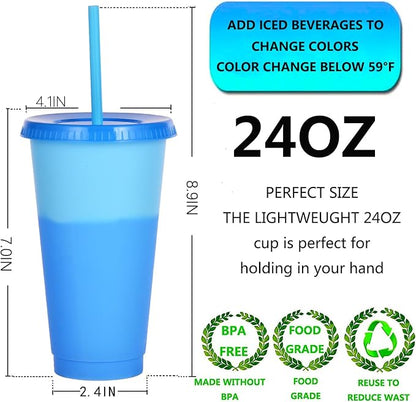 Color Changing Cups, 9 Pack 24oz Plastic Tumblers, Reusable Iced Coffee & - Image 2