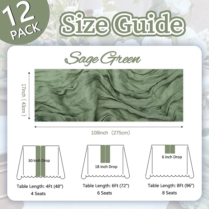 12 Pack Sage Green Cheesecloth Table Runner 17 x 108 Inch | Boho Gauze Cheese - Image 2