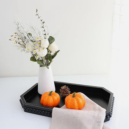 Wood Rustic Serving Tray with Beads, Farmhouse Black Decorative Tray for Table Centerpiece, Christmas Wedding Halloween Home Decor