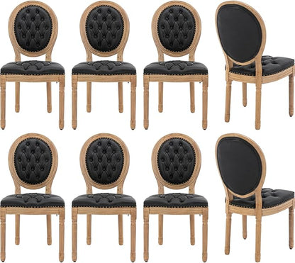 Vintage French Dining Chairs Set of 8, Round Back PU Leather Upholstered Side Chairs with Nailhead Trim and Solid Wood Frame, Sillas de Comedor for Dining Room & Kitchen, Black