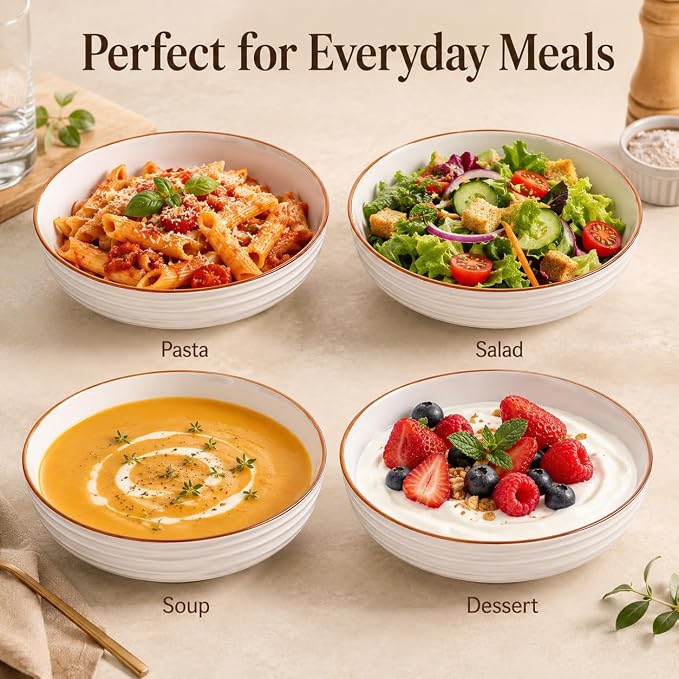 8 Inch Minimalist style Ceramic Pasta Bowls set of 4, 38 Oz White Serving Bowls - Image 7