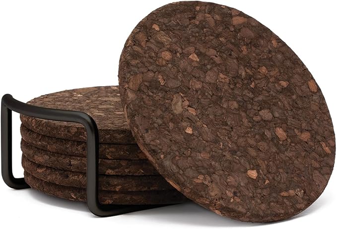 Thirstystone Set of 6 Thick Dark Cork Coasters in Black Coaster Holder | 4.7" by Thirstystone