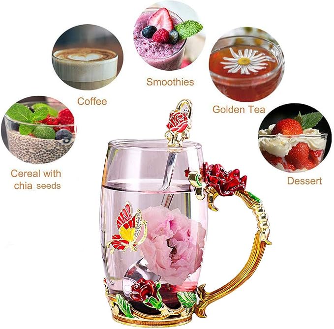 Birthday Gifts For Women, Enamel Butterfly Flower Glass Tea Cup Rose Red Coffee - Image 6