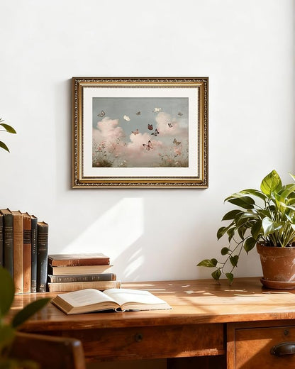 InSimSea Gold Picture Framed Wall Art, Living Room Vintage Butterfly Cloud Nursery Wall Decor, Field Landscape Canvas Print Art, Home Farmhouse Decor, Antique Paintings with Frame 13x16inch