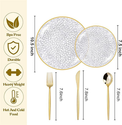 Rubtlamp 150Pcs Plastic Plates, Heavy Duty Clear Plates With Gold Rim, Hammered Gold Dinnerware Set Include 30 Dinner Plate, 30 Dessert Plate, 90 Plastic Silverware