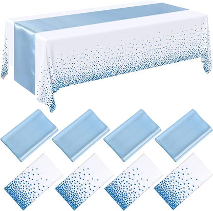 Breling 8 Pack Winter Baby Blue and White Disposable Plastic Tablecloths and Satin Table Runner Set, 54 x 108 Inch Tablecloth, 12 x 108 Inch Table Runners for Wedding Birthday Baby Shower New Year