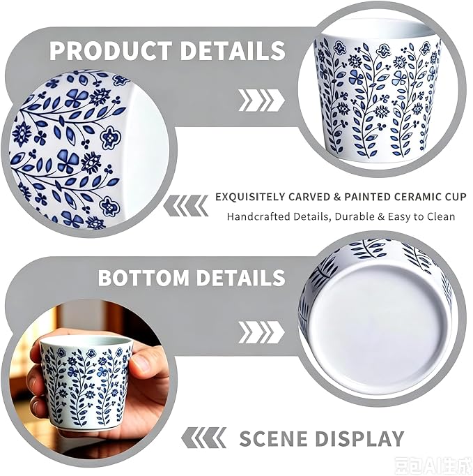 YQ&AMK 6.7oz Blue and White Floral Ceramic Cup - Image 5