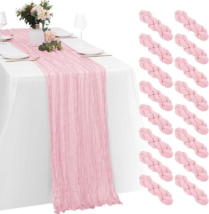 16 Pack Light Pink Cheesecloth Table Runners 20x120 Inch Gauze Table Runner by Yorcari