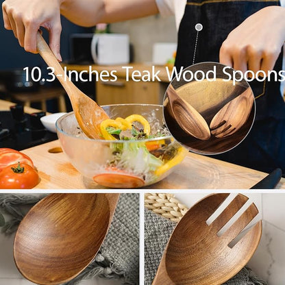Teak Wood Spoons for Cooking, 10.2-Inch Teak Wooden Salad Serving Spoon Set of 2 - Image 2