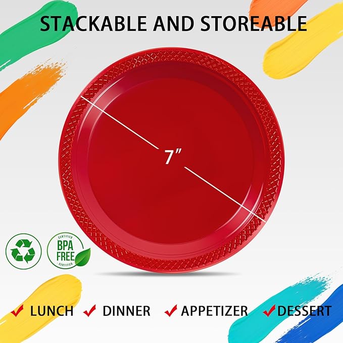 WELLIFE 7 Inch Red Dessert Plates 150 Count, Red Plastic Disposable Party Plates for Dessert Cake Appetizers Salad Easter Mother's Day