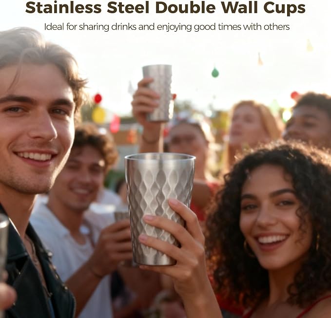 OMISTAR 4 Pcs Stainless Steel Double Wall Cups 15 oz, Korean Hammered Insulated - Image 4