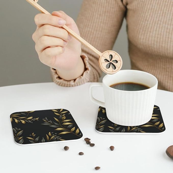 4Pcs Leather Coaster for Drinks Golden Olive Branch Cup Coasters Aesthetic - Image 7