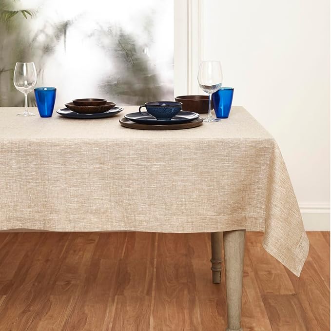 Solino Home Linen Tablecloth 90" L x 60" W Inch – 100% Pure Linen Champagne Beige Tablecloth – Machine Washable Rectangle Tablecloth for Holiday Decor – Athena