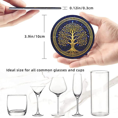 Drink Coasters with Holder Stand Set of 6, Tree of Life Gold Pu Leather - Image 3