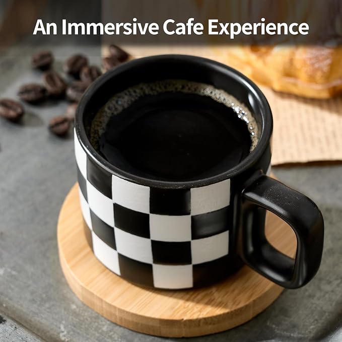LUKA Porcelain Stackable Black and White Checkered Espresso Cups - Image 3
