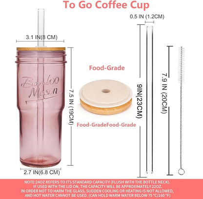 ANOTION Glass Cups with Lids and Straws, 24oz Pink Glass Tumbler Travel Coffee - Image 4